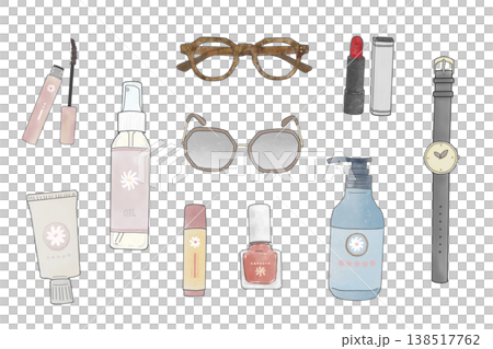 ファッション小物とコスメの手描きイラストセット　化粧品　メガネ　腕時計 138517762