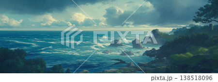 曇り空の海の風景、アニメ風 138518096