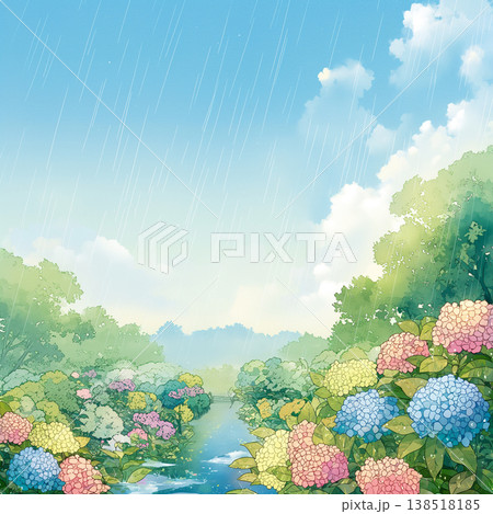 紫陽花が揺れる雨の日の情景 静かな季節の移ろいを描いた自然風景 背景や動画素材に最適 138518185
