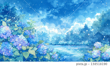 紫陽花が揺れる雨の日の情景 静かな季節の移ろいを描いた自然風景 背景や動画素材に最適 138518190