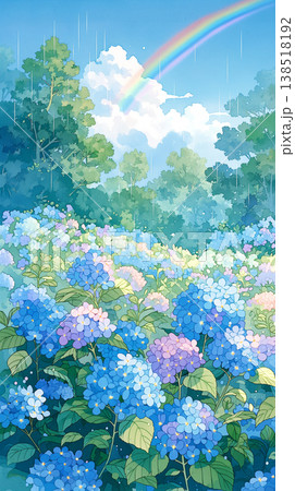 紫陽花が揺れる雨の日の情景 静かな季節の移ろいを描いた自然風景 背景や動画素材に最適 138518192