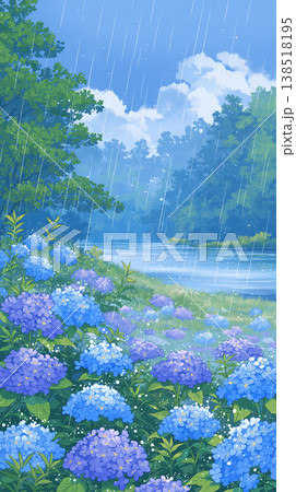 雨に濡れる紫陽花と石畳の散歩道 梅雨のしっとりとした情景を描いた和風の自然風景イラスト 138518195