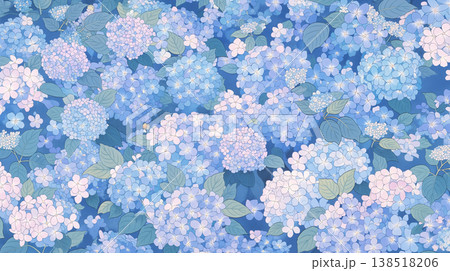 紫陽花が咲き誇る静かな雨の庭園風景 日本の梅雨と初夏を感じる幻想的な自然背景素材 138518206