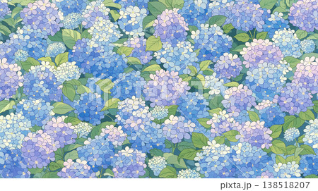 紫陽花が咲き誇る静かな雨の庭園風景 日本の梅雨と初夏を感じる幻想的な自然背景素材 138518207