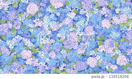 紫陽花が咲き誇る静かな雨の庭園風景 日本の梅雨と初夏を感じる幻想的な自然背景素材 138518208