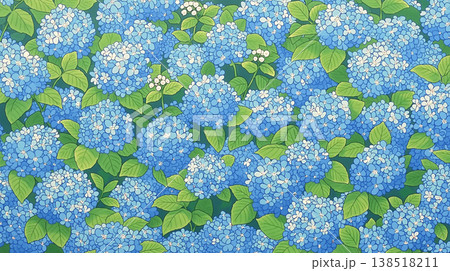 雨に濡れる紫陽花と石畳の散歩道 梅雨のしっとりとした情景を描いた和風の自然風景イラスト 138518211