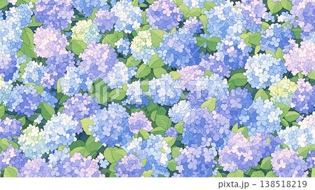 雨に濡れる紫陽花と石畳の散歩道 梅雨のしっとりとした情景を描いた和風の自然風景イラスト 138518219