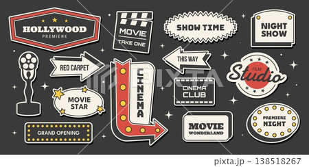 Retro Hollywood cinema sticker set with studio signs, movie arrows, red carpet, award and more. Vector illustration for cinema, entertainment, mid century Americana 1950s style 138518267