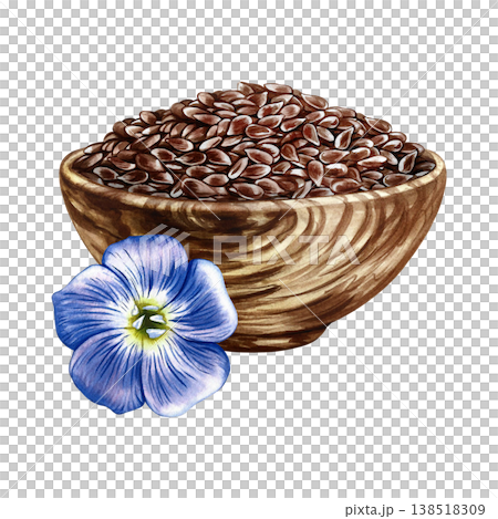 Flaxseed in a wooden bowl and a blue flax flower. Hand-drawn watercolor illustration. Element of label and packaging design, as well as banners, posters, and more. Flaxseed in a wooden bowl and a blue flax flower. Hand-drawn watercolor illustration. Element of label and packaging design, as well as banners, posters, and more. 138518309