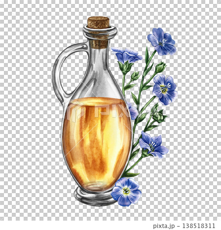 Flaxseed oil. Hand-drawn watercolor illustration. Glass bottle of oil and flax flowers. Element of design for labels and packaging, banners, posters, and more. Flaxseed oil. Hand-drawn watercolor illustration. Glass bottle of oil and flax flowers. Element of design for labels and packaging, banners, posters, and more. 138518311