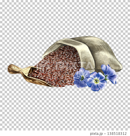 Flaxseed in a burlap bag and wooden scoop and blue flax flowers. Hand-drawn watercolor illustration. Element of design for labels and packaging, as well as banners, posters, and more. Flaxseed in a burlap bag and wooden scoop and blue flax flowers. Hand-drawn watercolor illustration. Element of design for labels and packaging, as well as banners, posters, and more. 138518312