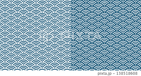 青海波の和柄背景パターンセット(藍色と白の反転デザイン・日本伝統文様 青海波の和柄背景パターンセット(藍色と白の反転デザイン・日本伝統文様 138518608