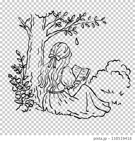 Romantic Girl Sitting Under Tree Reading Book Peaceful Garden Reading Scene Cottagecore Line Art Illustration Romantic Girl Sitting Under Tree Reading Book Peaceful Garden Reading Scene Cottagecore Line Art Illustration 138519418