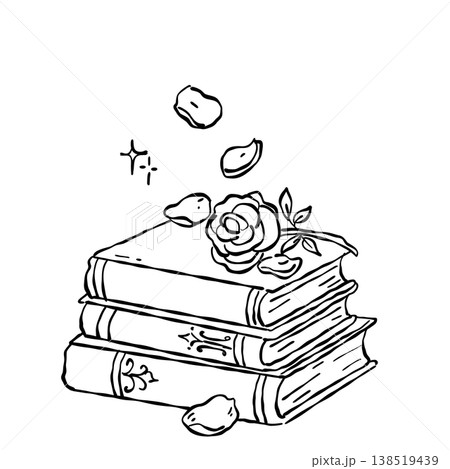 Vintage Book Stack With Romantic Rose Flower Literary Aesthetic Classic Reading Theme Line Art Illustration 138519439