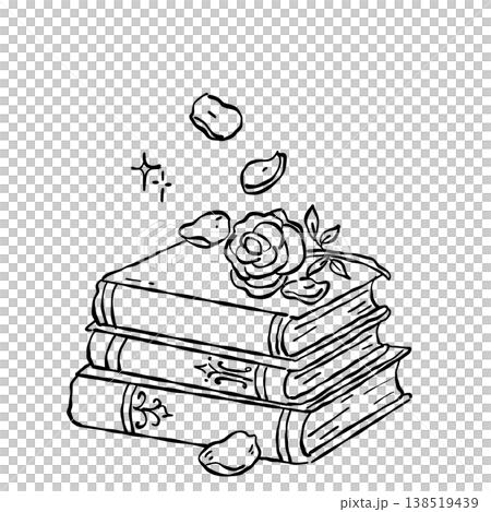 Vintage Book Stack With Romantic Rose Flower Literary Aesthetic Classic Reading Theme Line Art Illustration 138519439