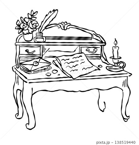 Antique Writing Desk With Feather Quill Ink Bottle Letters And Candle Vintage Writer Workspace Line Art Illustration Antique Writing Desk With Feather Quill Ink Bottle Letters And Candle Vintage Writer Workspace Line Art Illustration 138519440