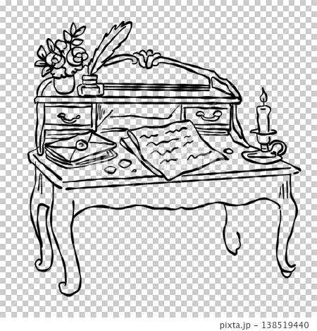 Antique Writing Desk With Feather Quill Ink Bottle Letters And Candle Vintage Writer Workspace Line Art Illustration Antique Writing Desk With Feather Quill Ink Bottle Letters And Candle Vintage Writer Workspace Line Art Illustration 138519440