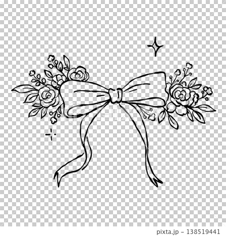 Elegant Ribbon Bow With Floral Decoration Romantic Vintage Decorative Element Line Art Illustration Elegant Ribbon Bow With Floral Decoration Romantic Vintage Decorative Element Line Art Illustration 138519441