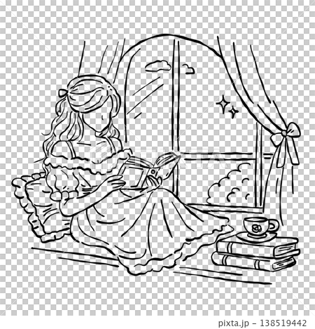 Elegant Woman Reading Book By Window Cozy Romantic Reading Scene Vintage Regency Style Line Art Illustration Elegant Woman Reading Book By Window Cozy Romantic Reading Scene Vintage Regency Style Line Art Illustration 138519442