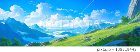 青空と雲と岩山の風景、アニメ風 138519445