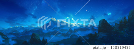 夜のとばりが降りた岩山の風景、アニメ風 138519455