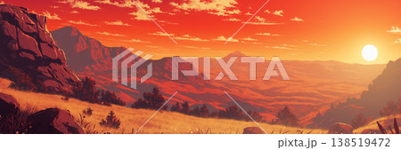 真っ赤な夕日の岩山の風景、アニメ風 138519472