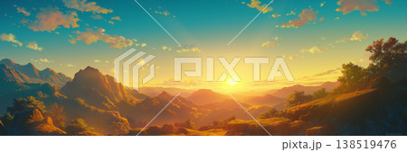 朝日と岩山の風景、アニメ風 138519476