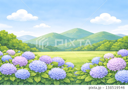 初夏の山の麓に咲くあじさいの風景イラスト(水彩風) 初夏の山の麓に咲くあじさいの風景イラスト(水彩風) 138519546