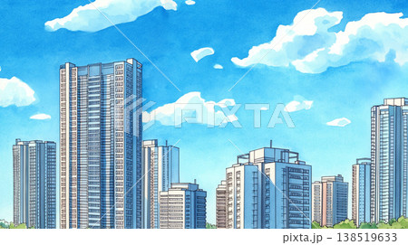 都市の高層建築が連なるスカイライン風景、街の景観イラスト、オフィス街イメージ、ビジネス・経済・不動産 138519633