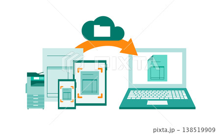 PCやスマートフォンとクラウドの請求書処理イメージ デバイス連携とスキャンの概念 138519909