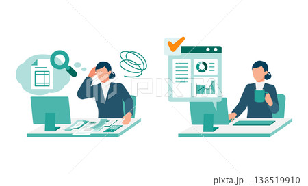 経理業務のBeforeAfterイラスト 悩みから自動処理ダッシュボードでの解決まで 138519910