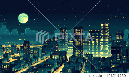 満月が照らす都市夜景を表現したピクセルアートイラスト、ドット絵で描く高層ビル群と輝く街路、レトロ 138519980