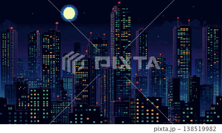 満月が照らす都市夜景を表現したピクセルアートイラスト、ドット絵で描く高層ビル群と輝く街路、レトロ 138519982