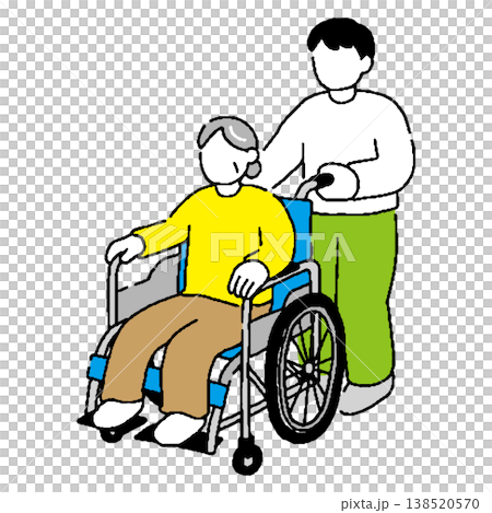 シニア女性が座る車椅子を押す男性のイラスト シニア女性が座る車椅子を押す男性のイラスト 138520570