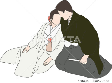 座り姿で白無垢と紋付袴を着た新郎新婦 花嫁 138520828