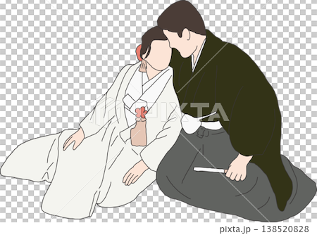 座り姿で白無垢と紋付袴を着た新郎新婦 花嫁 138520828