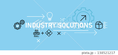 Industry solutions and manufacturing process banner with icons gears puzzle pieces technical problem solving production efficiency smart industrial innovation 138521217