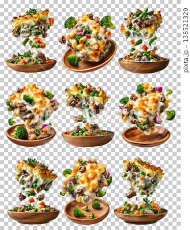 Midwest Hotdish cottage pie slice with mashed potatoes, beef, and vegetables isolated on white transparent background Midwest Hotdish cottage pie slice with mashed potatoes, beef, and vegetables isolated on white transparent background 138521329
