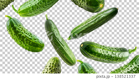 Multiple fresh green cucumbers arranged in a seamless pattern isolated on white background, healthy food and organic produce 138521337
