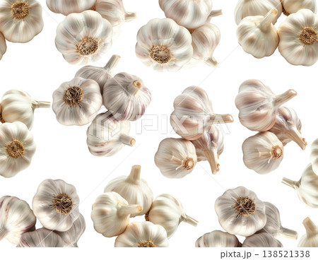 Multiple whole garlic bulbs arranged in a seamless pattern, isolated on white background. Concept of organic food and culinary spice Multiple whole garlic bulbs arranged in a seamless pattern, isolated on white background. Concept of organic food and culinary spice 138521338