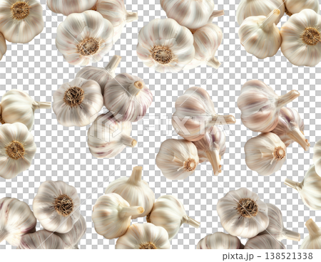 Multiple whole garlic bulbs arranged in a seamless pattern, isolated on white background. Concept of organic food and culinary spice Multiple whole garlic bulbs arranged in a seamless pattern, isolated on white background. Concept of organic food and culinary spice 138521338