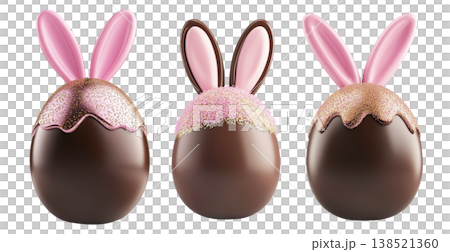 Set of Chocolate Easter egg with pink bunny ears and golden sprinkles isolated on white transparent background. Set of Chocolate Easter egg with pink bunny ears and golden sprinkles isolated on white transparent background. 138521360