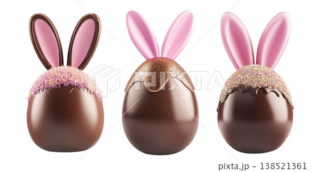Set of Chocolate Easter egg with pink bunny ears and golden sprinkles isolated on white transparent background. 138521361