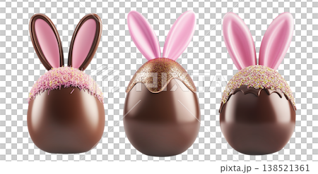 Set of Chocolate Easter egg with pink bunny ears and golden sprinkles isolated on white transparent background. 138521361
