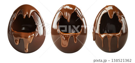 Set of Cracked Easter chocolate egg with hollow center, isolated on white transparent background. Festive holiday candy concept 138521362