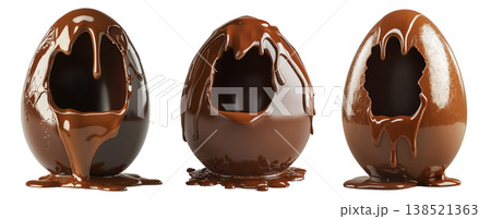 Set of Cracked Easter chocolate egg with hollow center, isolated on white transparent background. Festive holiday candy concept Set of Cracked Easter chocolate egg with hollow center, isolated on white transparent background. Festive holiday candy concept 138521363