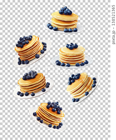 Multiple stacks of golden pancakes topped with fresh blueberries on plates, isolated on white background, breakfast food pattern Multiple stacks of golden pancakes topped with fresh blueberries on plates, isolated on white background, breakfast food pattern 138521365