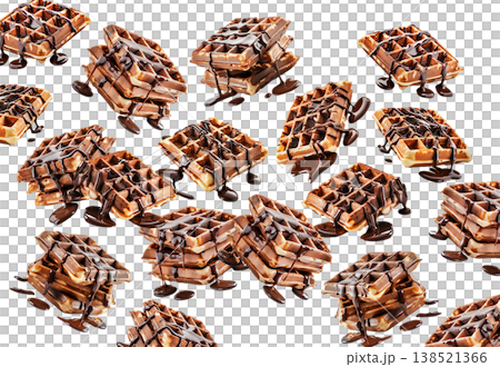 Crispy waffles generously drizzled with rich chocolate syrup, on white background. Concept of dessert, indulgence, sweetness 138521366