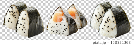 Japanese salmon onigiri rice ball wrapped in nori seaweed, isolated on white background, Asian cuisine concept 138521368