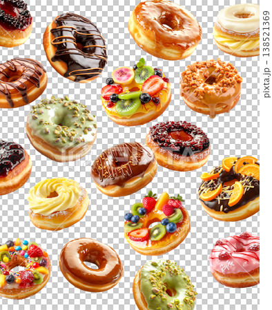 Assorted donuts with colorful toppings isolated on white background, representing sweetness and dessert temptation Assorted donuts with colorful toppings isolated on white background, representing sweetness and dessert temptation 138521369